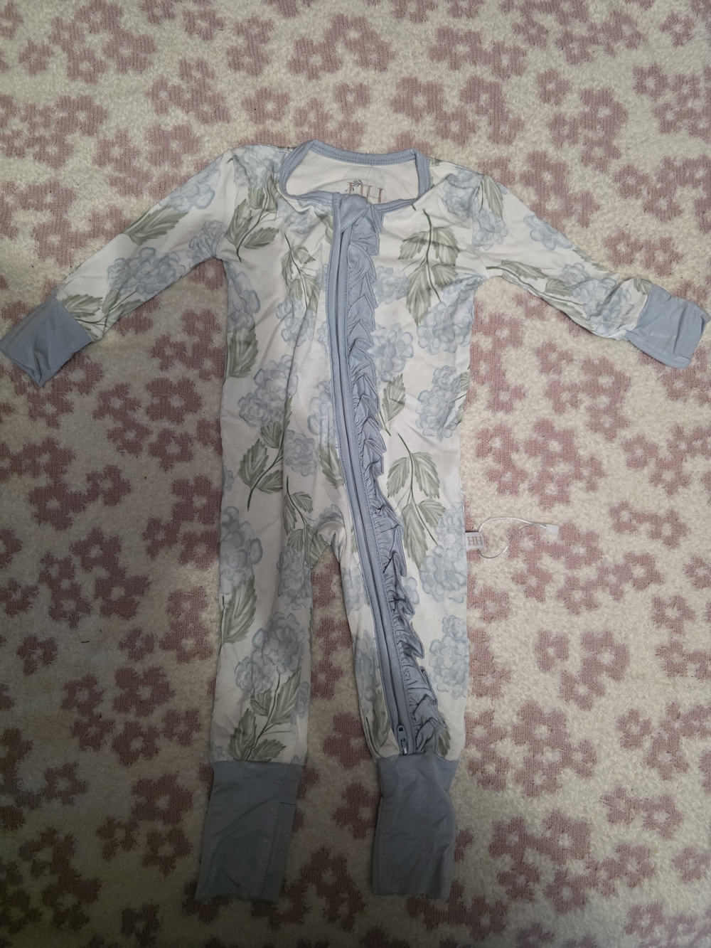 Light Blue Floral Ruffle-Trim Footed One-Piece for Kids